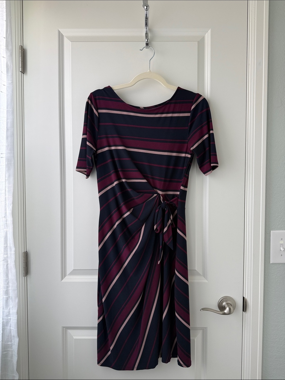Ann Taylor Navy and Burgundy Striped Midi Dress with Tie Waist